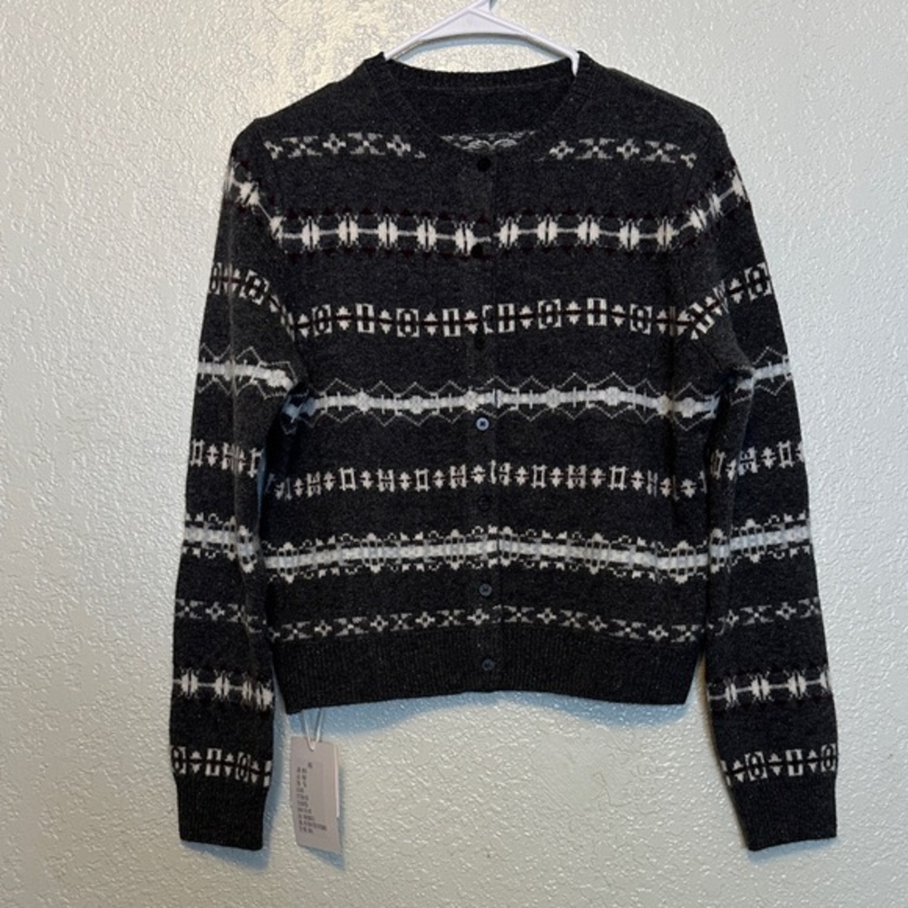 Le Kasha Black Fair Isle Button-Up Women's Sweater Cardigan NWT M